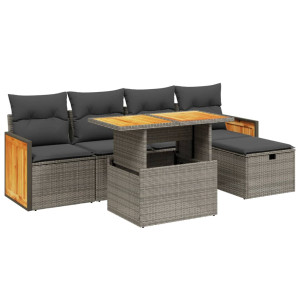 Set de muebles de jardín 6 pzas y cojines ratán sintético gris H