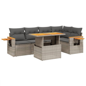 Set de muebles de jardín 6 pzas y cojines ratán sintético gris H