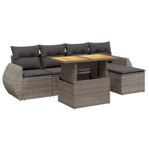 Set de muebles de jardín 6 pzas y cojines ratán sintético gris H