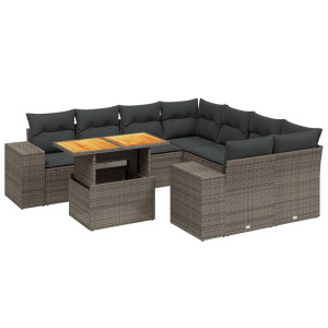 Set de muebles de jardín 9 pzas y cojines ratán sintético gris H