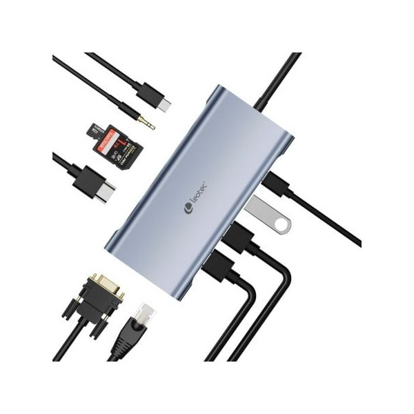 Docking usb tipo-c leotec leds01/ 3xusb/ 2xusb tipo-c/ 1xusb tipo-c pd/ 1xhdmi 4k/ 1xvga/ 1xrj45/ 1xaudio/ 1xlector tarjetas sd M 2