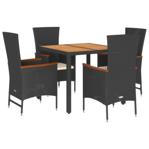 5 pcs conjunto de jantar p/ jardim c/ almofadões vime PE preto H
