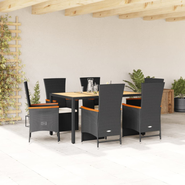Set de comedor de jardín 7 pzas y cojines ratán sintético negro D