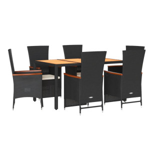 7 pcs conjunto de jantar p/ jardim c/ almofadões vime PE preto H