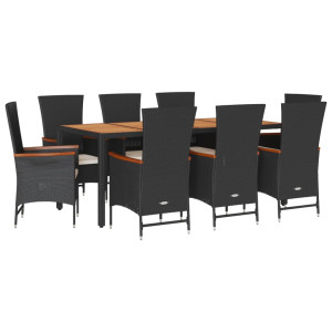 9 pcs conjunto de jantar p/ jardim c/ almofadões vime PE preto H
