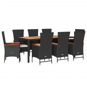 9 pcs conjunto de jantar p/ jardim c/ almofadões vime PE preto H