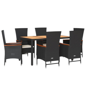 7 pcs conjunto de jantar p/ jardim c/ almofadões vime PE preto H