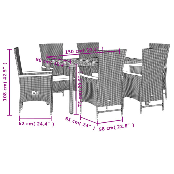 Set de comedor de jardín 7 pzas y cojines ratán sintético negro M 5