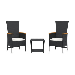 3 pcs conjunto de jantar p/ jardim c/ almofadões vime PE preto H