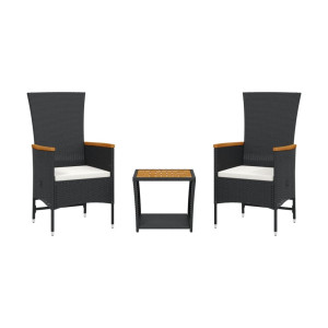 3 pcs conjunto de jantar p/ jardim c/ almofadões vime PE preto H