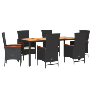 7 pcs conjunto de jantar p/ jardim c/ almofadões vime PE preto H