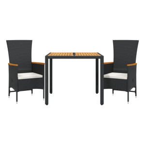 3 pcs conjunto de jantar p/ jardim c/ almofadões vime PE preto H