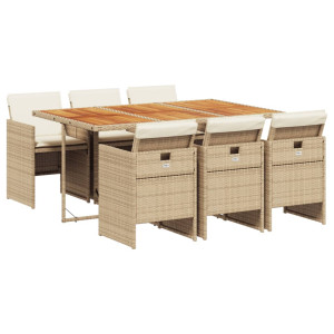 7 pcs conjunto de jantar p/ jardim com almofadões vime PE bege H