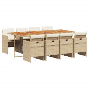 9 pcs conjunto de jantar p/ jardim com almofadões vime PE bege H