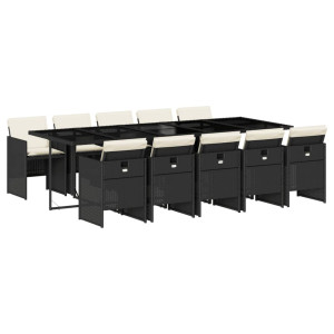 Set de comedor jardín 11 pzas con cojines ratán sintético negro H