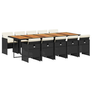 Set de comedor jardín 11 pzas con cojines ratán sintético negro H
