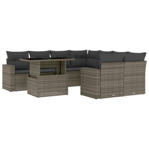 Set de muebles de jardín 9 pzas y cojines ratán sintético gris H