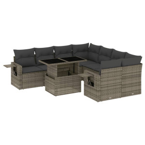 Set de muebles de jardín 9 pzas y cojines ratán sintético gris H
