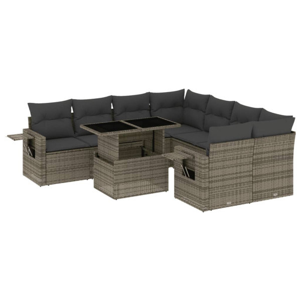 Set de muebles de jardín 9 pzas y cojines ratán sintético gris M 2