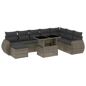 Set de muebles de jardín 9 pzas y cojines ratán sintético gris H