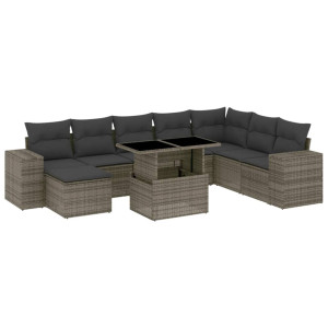 Set de muebles de jardín 9 pzas y cojines ratán sintético gris H