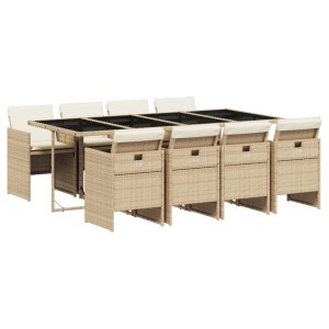 9 pcs conjunto de jantar p/ jardim com almofadões vime PE bege H