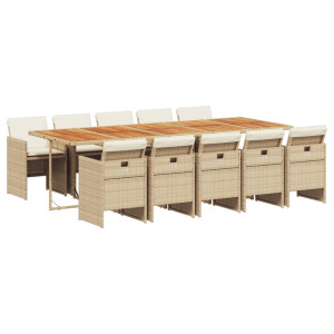 Set comedor de jardín 11 pzas con cojines ratán sintético beige H