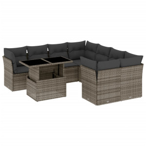 Set de muebles de jardín 9 pzas y cojines ratán sintético gris H