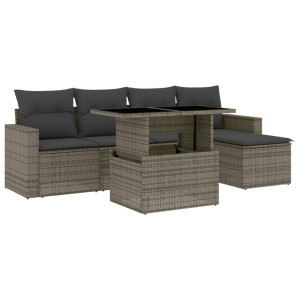 Set de muebles de jardín 6 pzas y cojines ratán sintético gris H