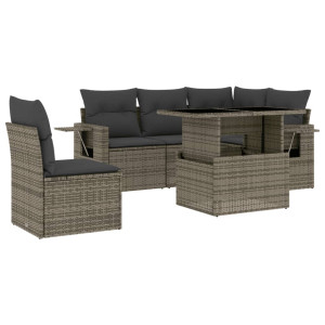 Set de muebles de jardín 6 pzas y cojines ratán sintético gris H