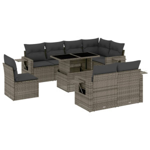 Set de muebles de jardín 9 pzas y cojines ratán sintético gris H
