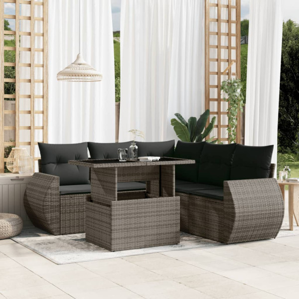 Set de muebles de jardín 6 pzas y cojines ratán sintético gris D