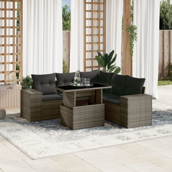 Set de muebles de jardín 6 pzas y cojines ratán sintético gris D