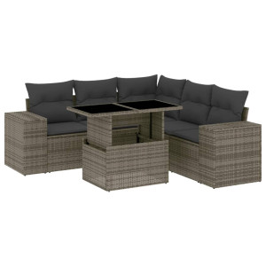 Set de muebles de jardín 6 pzas y cojines ratán sintético gris H