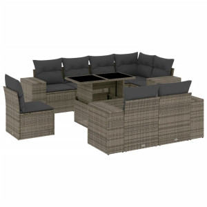 Set de muebles de jardín 9 pzas y cojines ratán sintético gris H