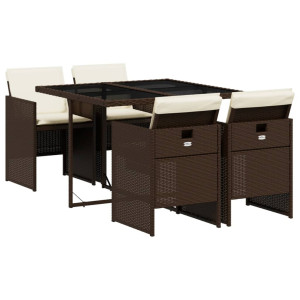 5 pcs conjunto jantar p/ jardim c/ almofadões vime PE castanho H