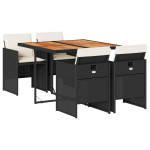 5 pcs conjunto de jantar p/ jardim c/ almofadões vime PE preto H