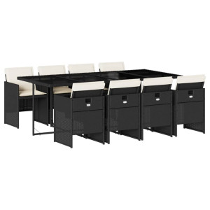 9 pcs conjunto de jantar p/ jardim c/ almofadões vime PE preto H