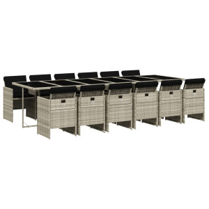13 pcs conj. jantar jardim c/ almofadões vime PE cinzento-claro H