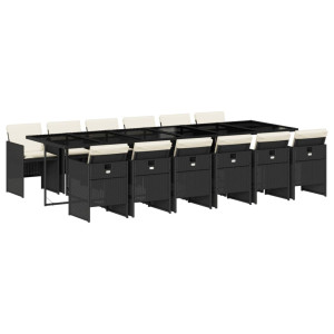 Set comedor de jardín con cojines 13 pzas ratán sintético negro H