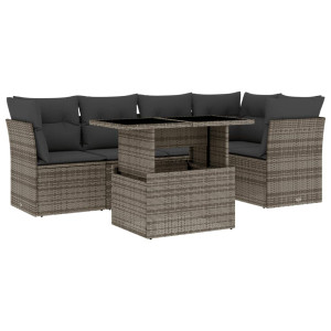Set de muebles de jardín 6 pzas y cojines ratán sintético gris H