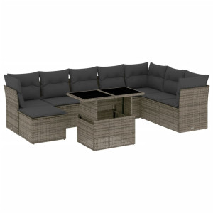 Set de muebles de jardín 9 pzas y cojines ratán sintético gris H