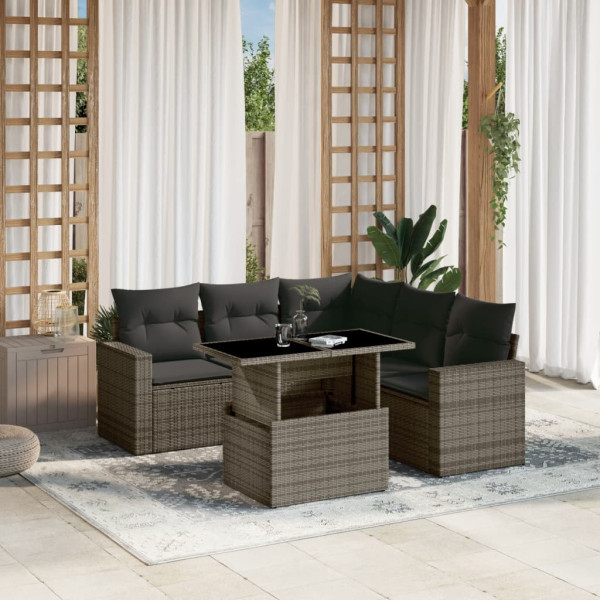 Set de muebles de jardín 6 pzas y cojines ratán sintético gris D