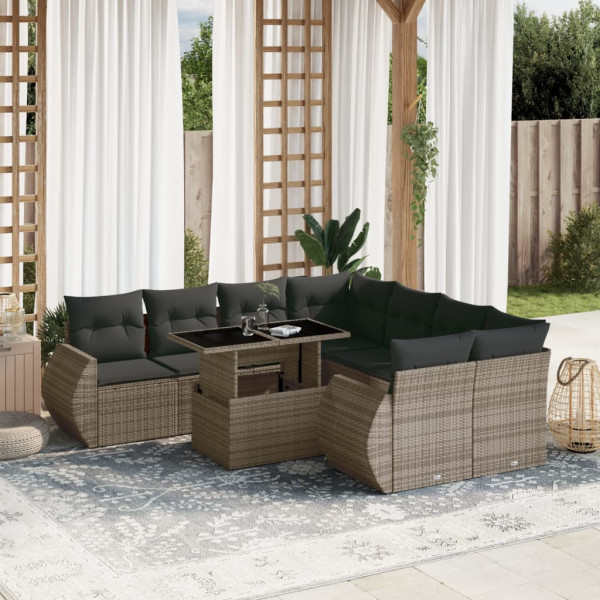 Set de muebles de jardín 9 pzas y cojines ratán sintético gris D