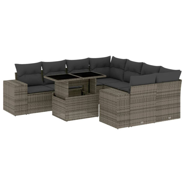 Set de muebles de jardín 9 pzas y cojines ratán sintético gris M 2