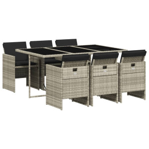 Set comedor jardín 7 pzas y cojines ratán sintético gris claro H