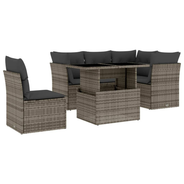 Set de muebles de jardín 6 pzas y cojines ratán sintético gris M 2