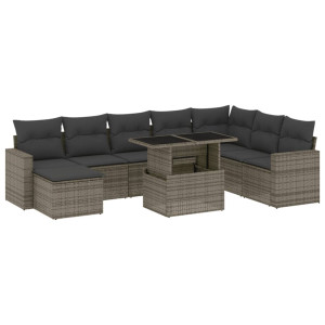 Set de muebles de jardín 9 pzas y cojines ratán sintético gris H