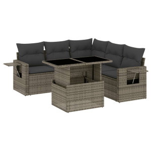 Set de muebles de jardín 6 pzas y cojines ratán sintético gris H