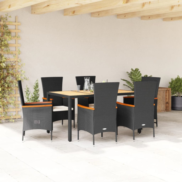 Set de comedor de jardín 7 pzas y cojines ratán sintético negro D